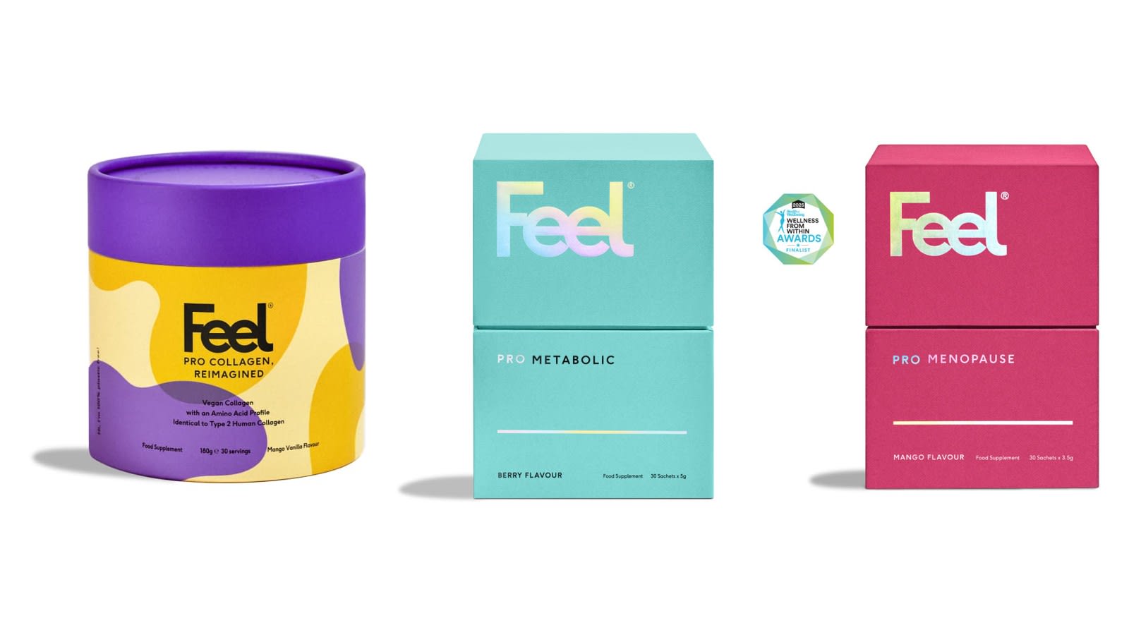 Feel Pro Collagen jar and Pro Metabolic and Pro Menopause boxes on a white background